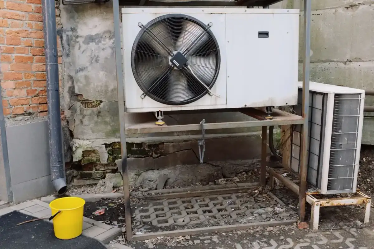 Before: Corroded outdoor condenser on a metal stand